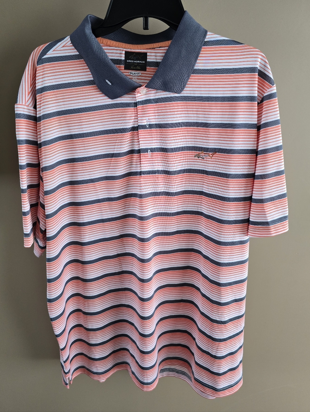 Greg Norman For Tasso Elba Men’s Playdry Coral Striped Golf Polo. XXL